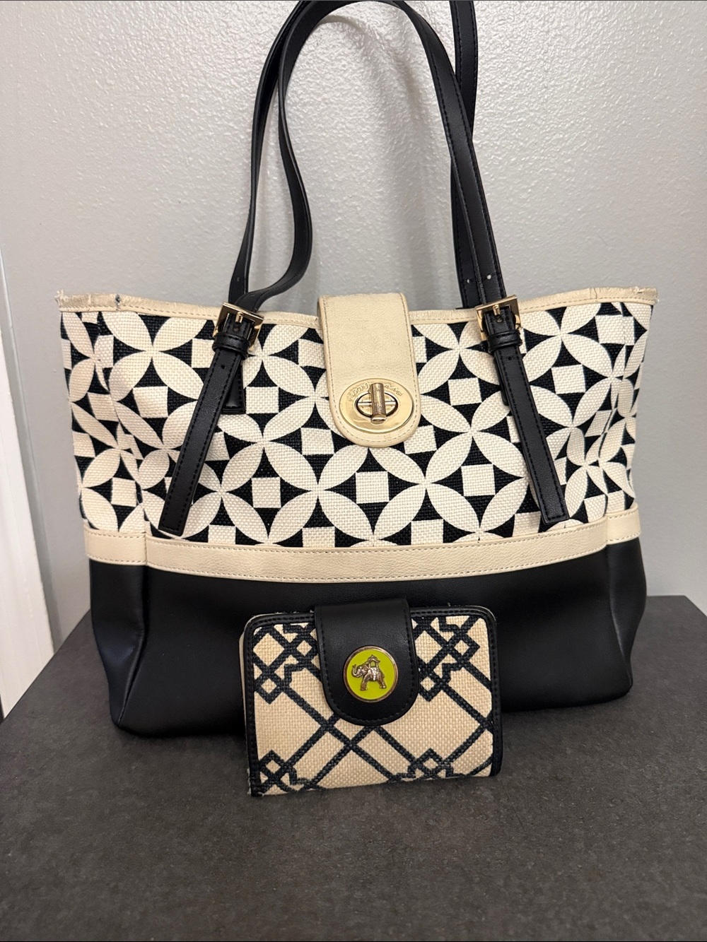 Spartina 449 Black and Cream Geometric Tote with Matching Wallet rehab project